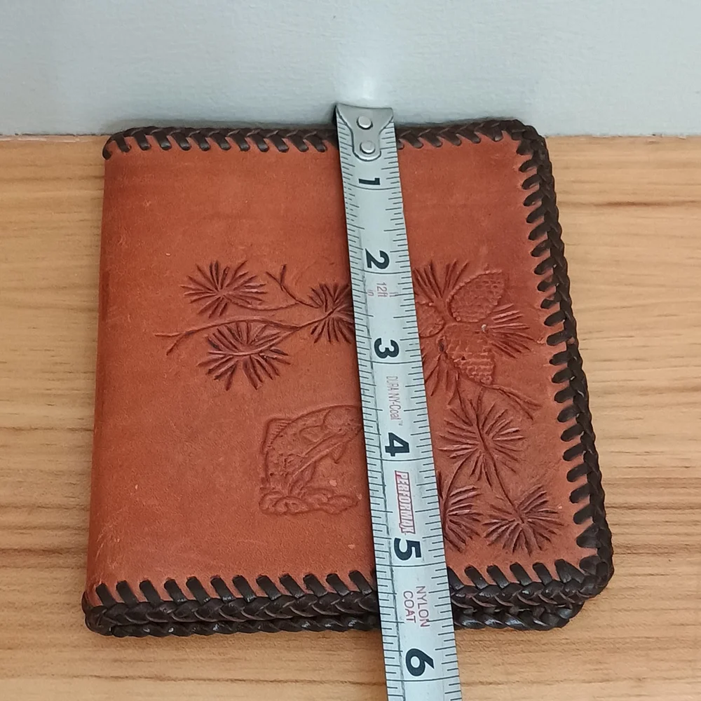 Vintage Hand Tooled Brown Leather Wallet Fish Wolf Pine Whip Stitched Western